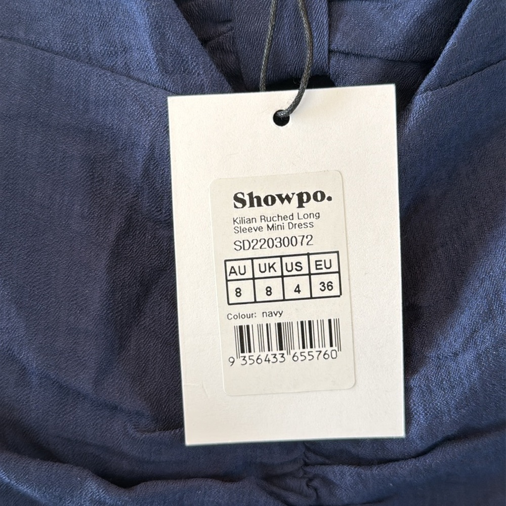 SHOWPO Kilian Mini Dress Ruched Long Sleeve Dress in Navy NEW WITH TAGS Size 4 - Picture 4 of 9